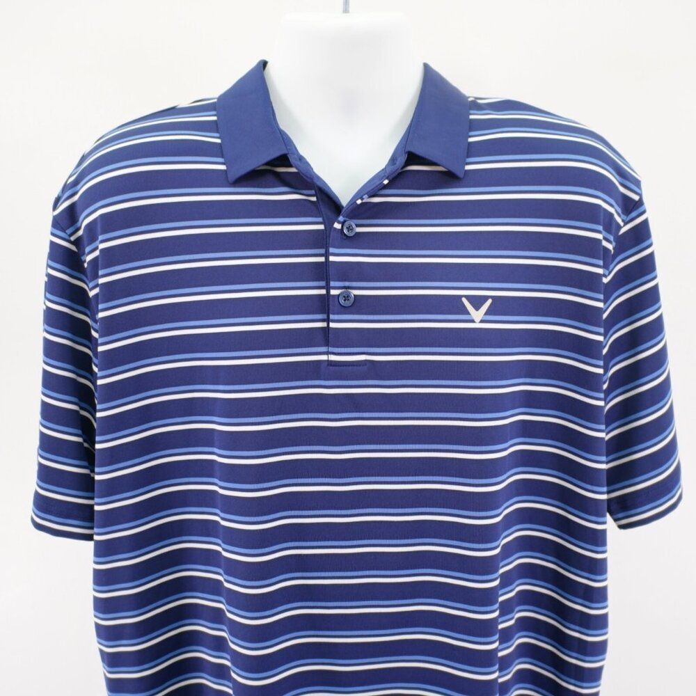 Callaway Opti-Dri Large Blue White Striped Polo Shirt Short Sleeve Collared Poly